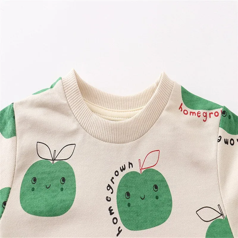 Children's Cartoon Print Long Sleeve Cotton Sweatshirt - Green Apples