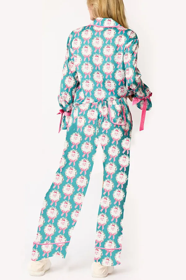 Christmas Printed Velvet Lace-up Long-sleeve Pocket Top and Elastic Waist Wide-leg Pants Set