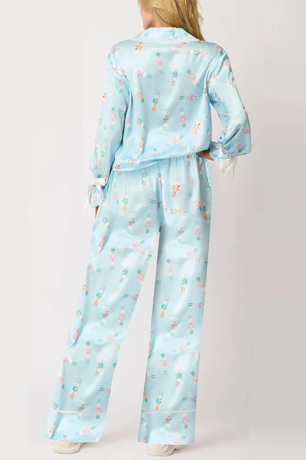 Christmas Printed Velvet Lace-up Long-sleeve Pocket Top and Elastic Waist Wide-leg Pants Set