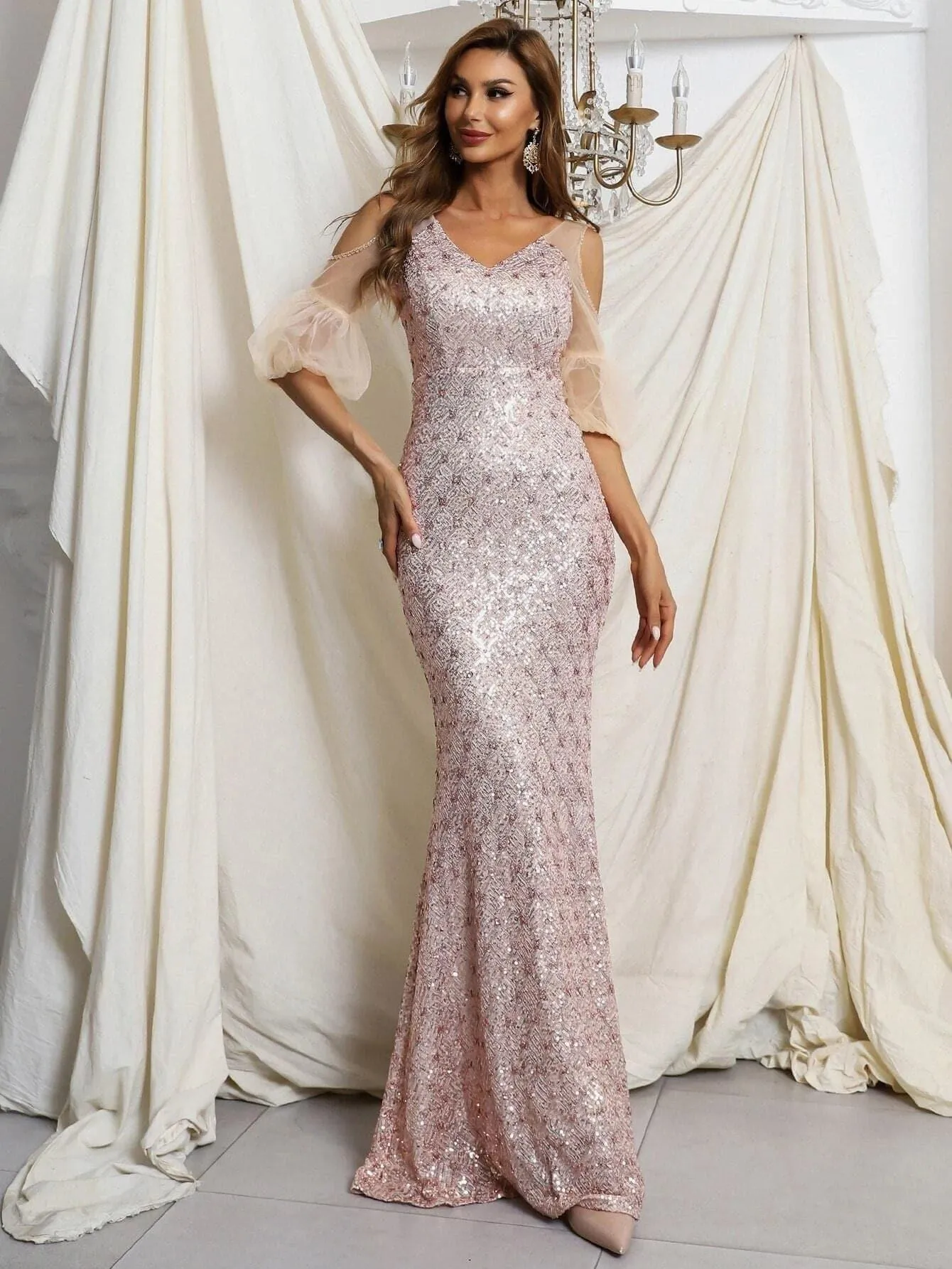 Cold Shoulder Maxi Sequin Mermaid Dress M01958