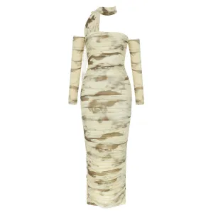 Cold Shoulder Ruched Neck Tie Maxi Dress