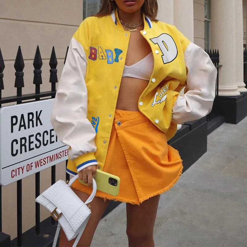 Colorblock Letter Print Long Sleeve Loose Baseball Jacket