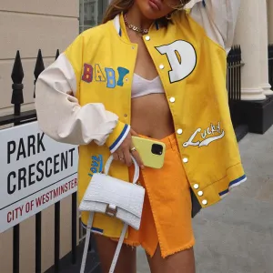 Colorblock Letter Print Long Sleeve Loose Baseball Jacket