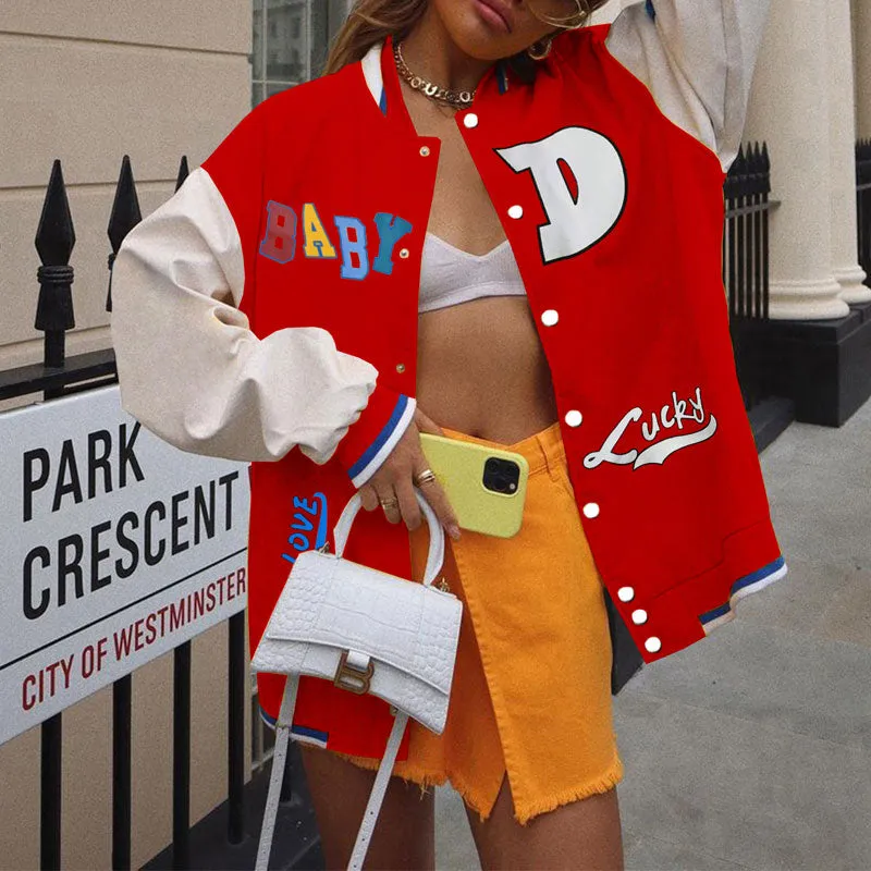 Colorblock Letter Print Long Sleeve Loose Baseball Jacket