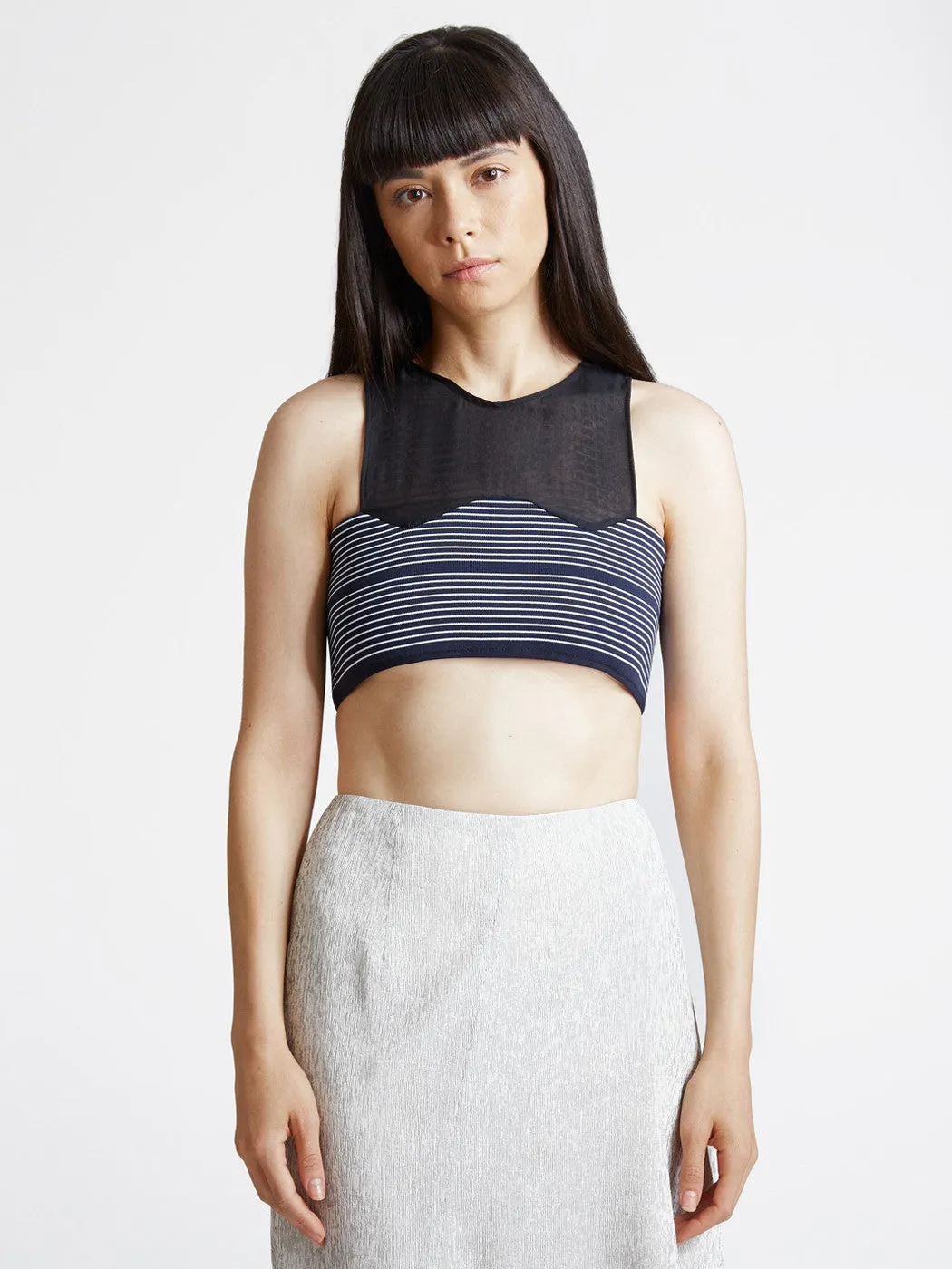 Cropped Curve Rib Top Navy/White