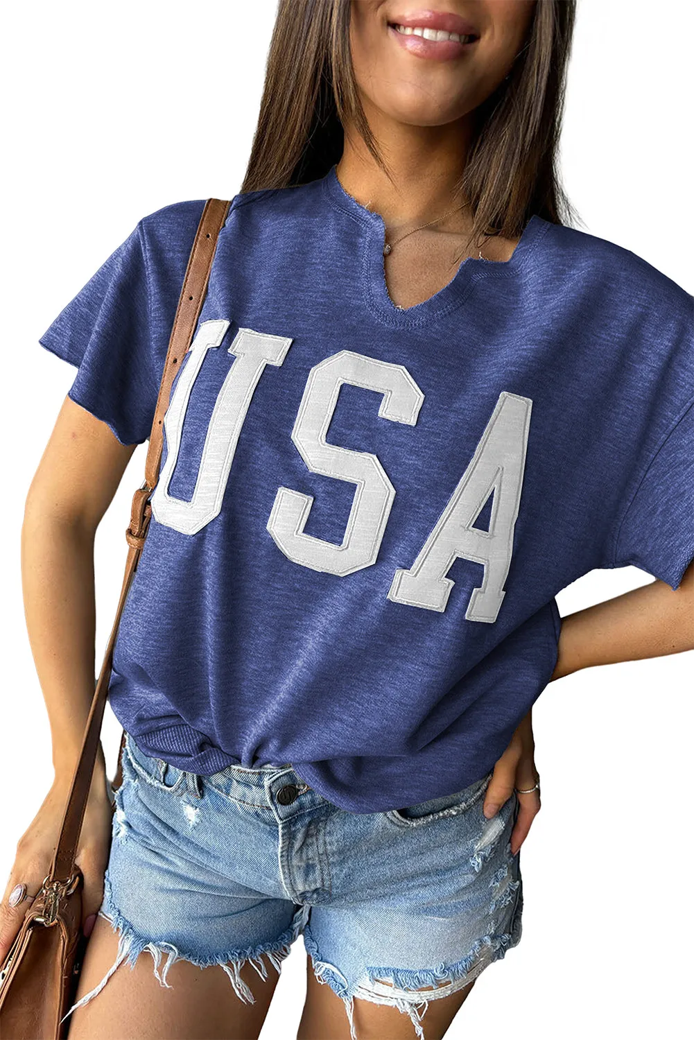 Dark Blue USA Lettering Patch Notched Neck Loose Tee