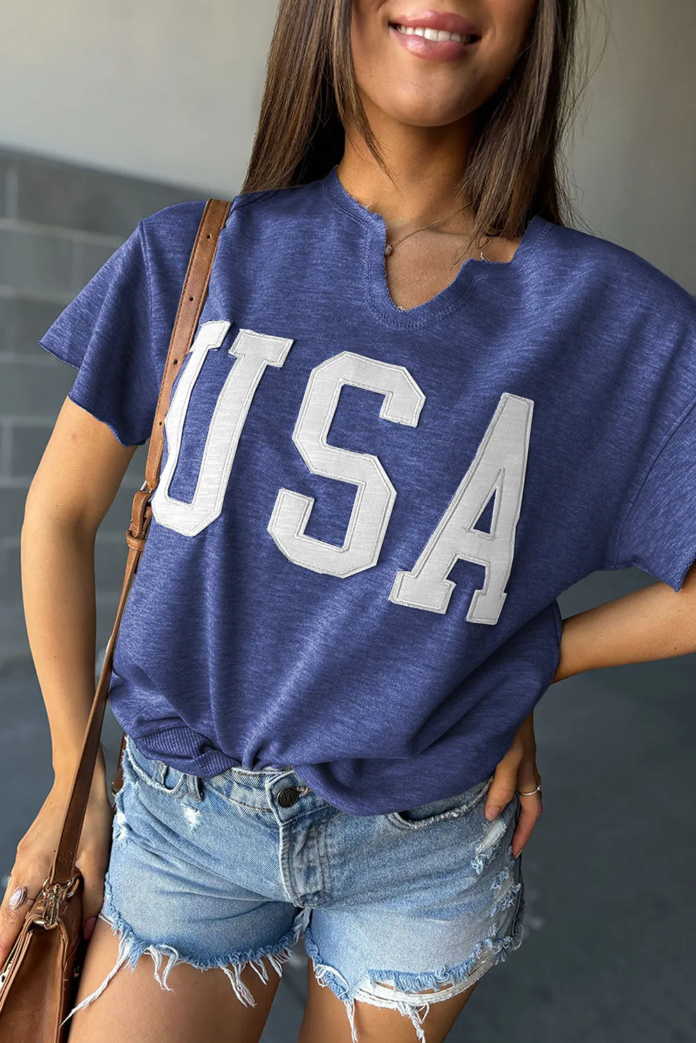 Dark Blue USA Lettering Patch Notched Neck Loose Tee