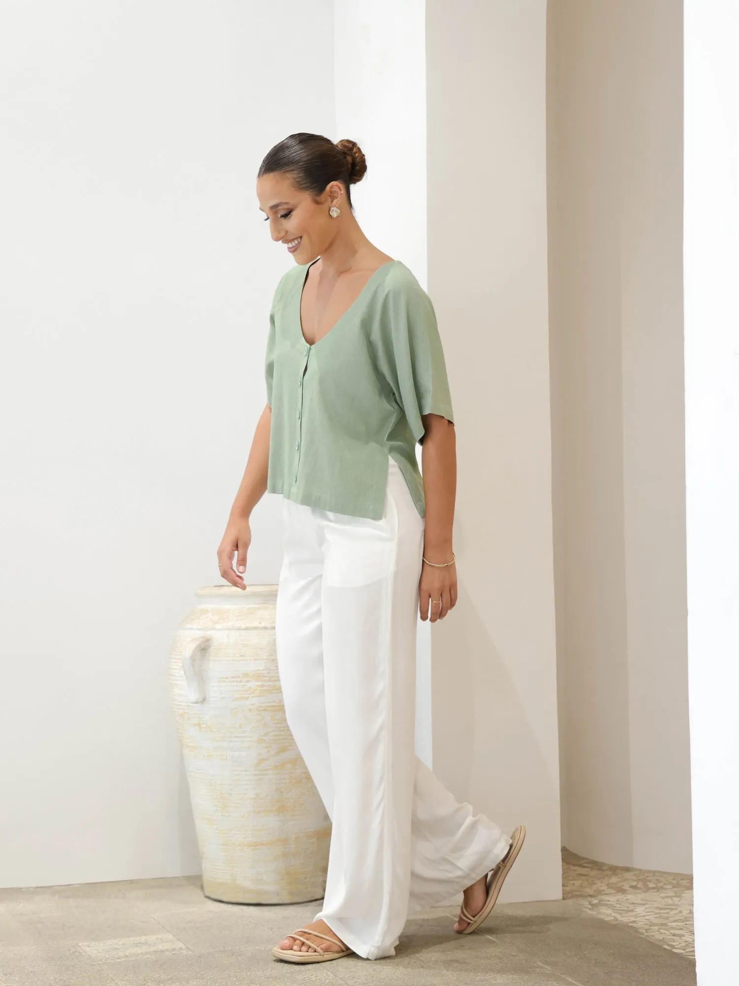 Deep Neck Button Down Loose Fit Top