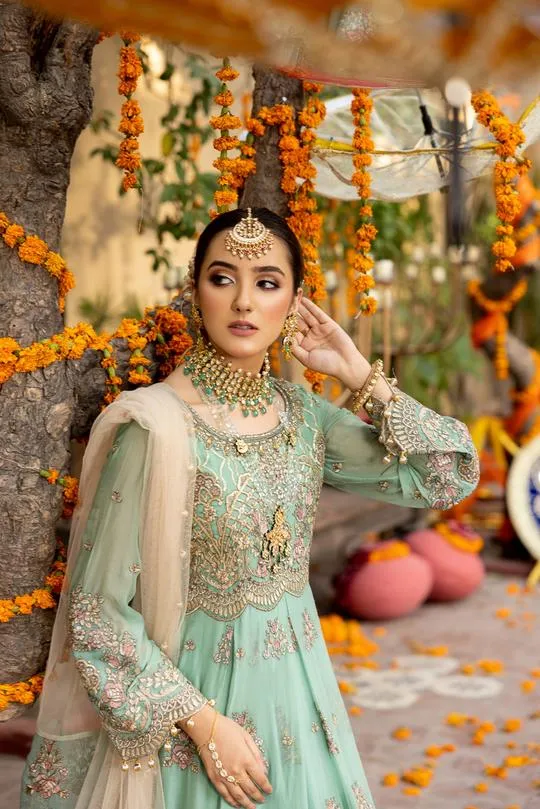 Deepak Perwani Pakistani Maxi Dress in Sky Blue Color #PF38