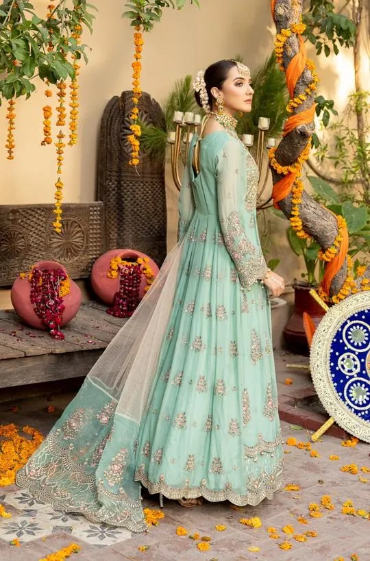 Deepak Perwani Pakistani Maxi Dress in Sky Blue Color #PF38
