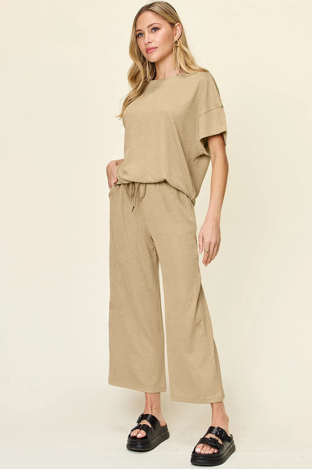 Double Take Texture Round Neck Short Sleeve T-Shirt and Wide Leg Pants