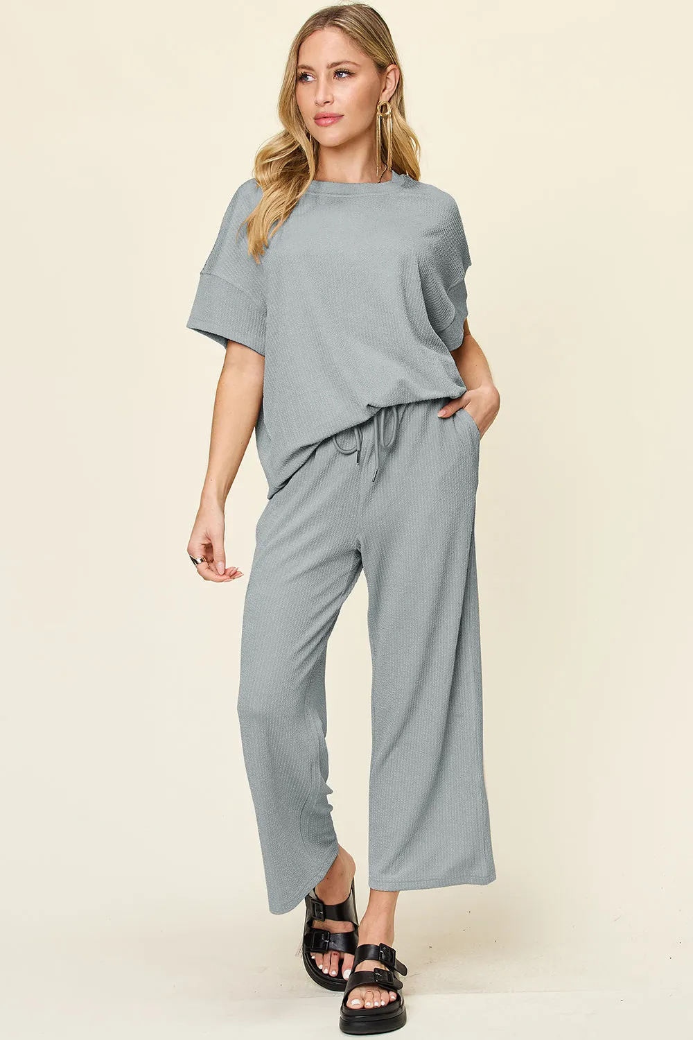 Double Take Texture Round Neck Short Sleeve T-Shirt and Wide Leg Pants
