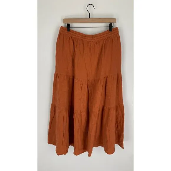 Echo Womens Double Gauze Tiered Breeze Skirt Size Large Sienna Orange Maxi New