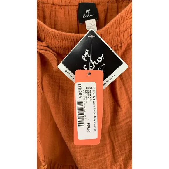 Echo Womens Double Gauze Tiered Breeze Skirt Size Large Sienna Orange Maxi New