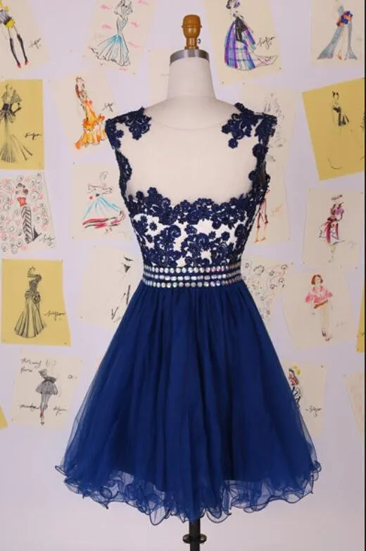 Elegant Illusion Cap Sleeve Short Cocktail Dress With Appliques-319389