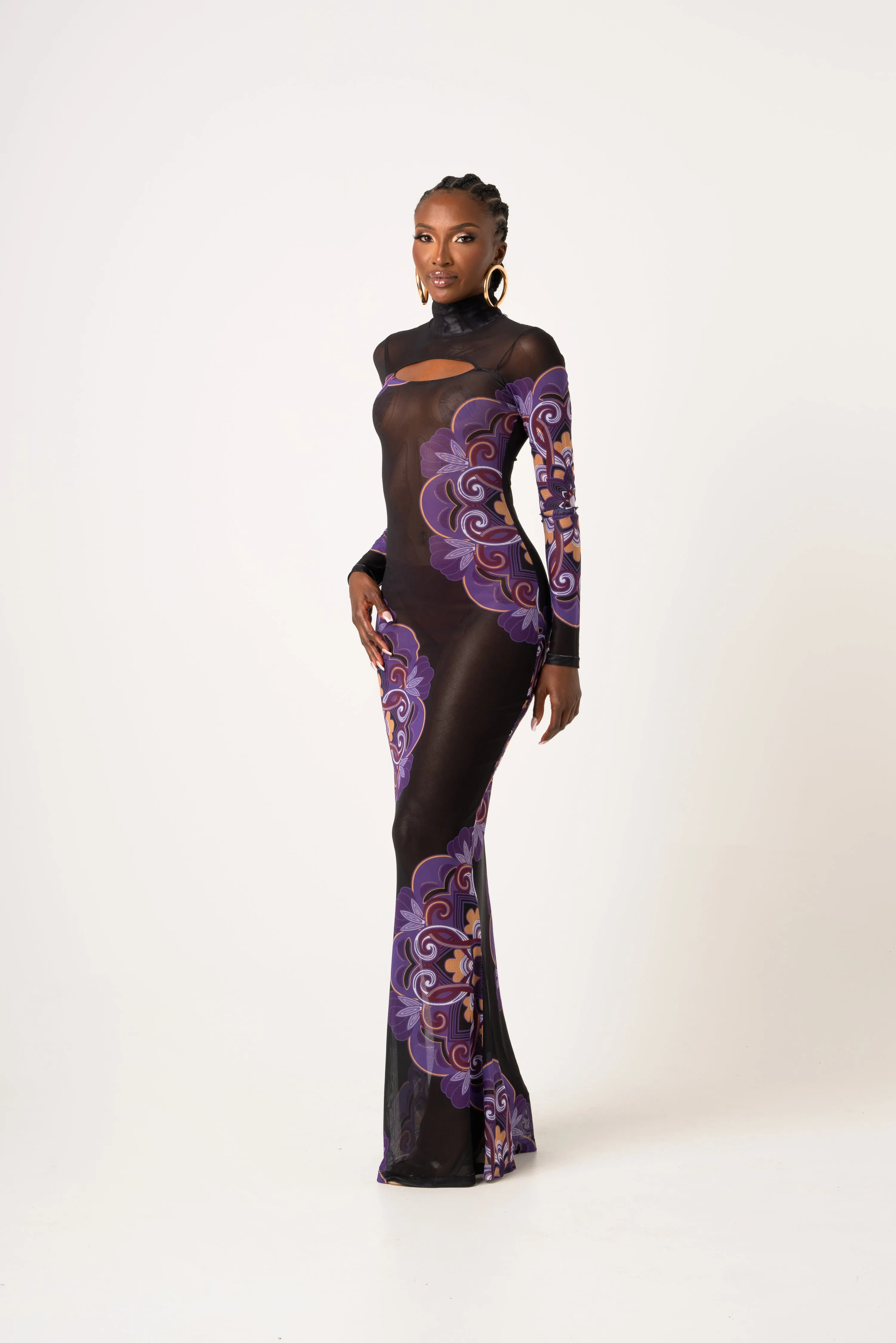 ENANG BLACK LONG SLEEVE MAXI MESH DRESS