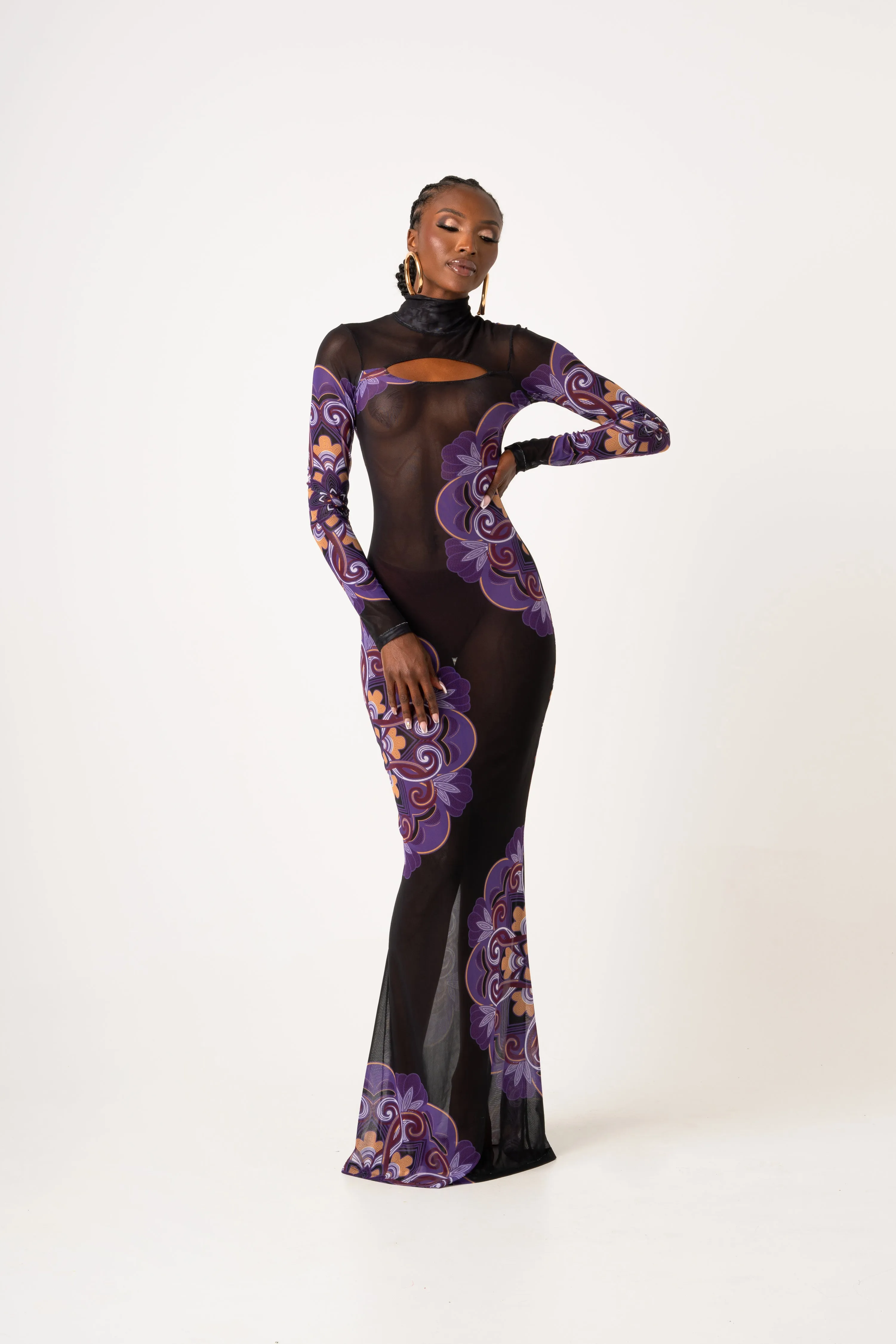 ENANG BLACK LONG SLEEVE MAXI MESH DRESS