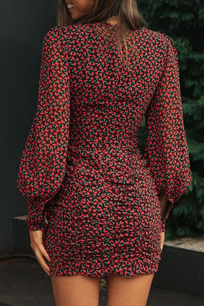 Fashion Street Print Split Joint V Neck Pleated Dresses(3 colors)
