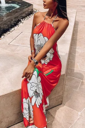 Floral Halter Neck Backless Maxi Dress