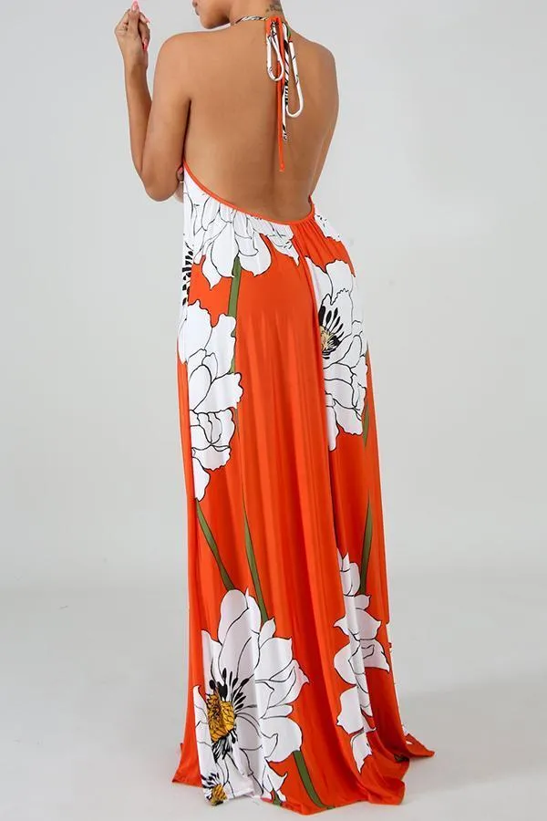 Floral Halter Neck Backless Maxi Dress