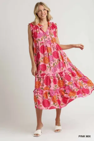Floral Print Ruffle V-Neck Front Tie Tie
