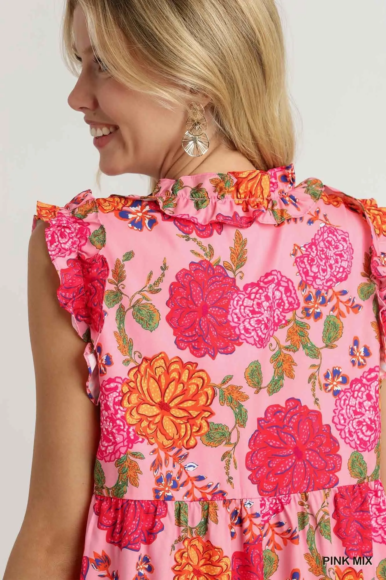 Floral Print Ruffle V-Neck Front Tie Tie