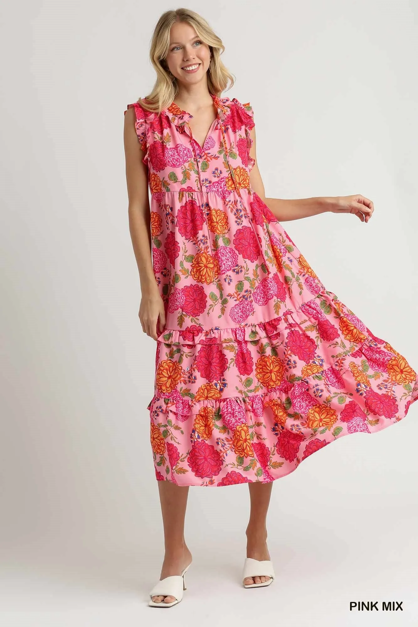Floral Print Ruffle V-Neck Front Tie Tie