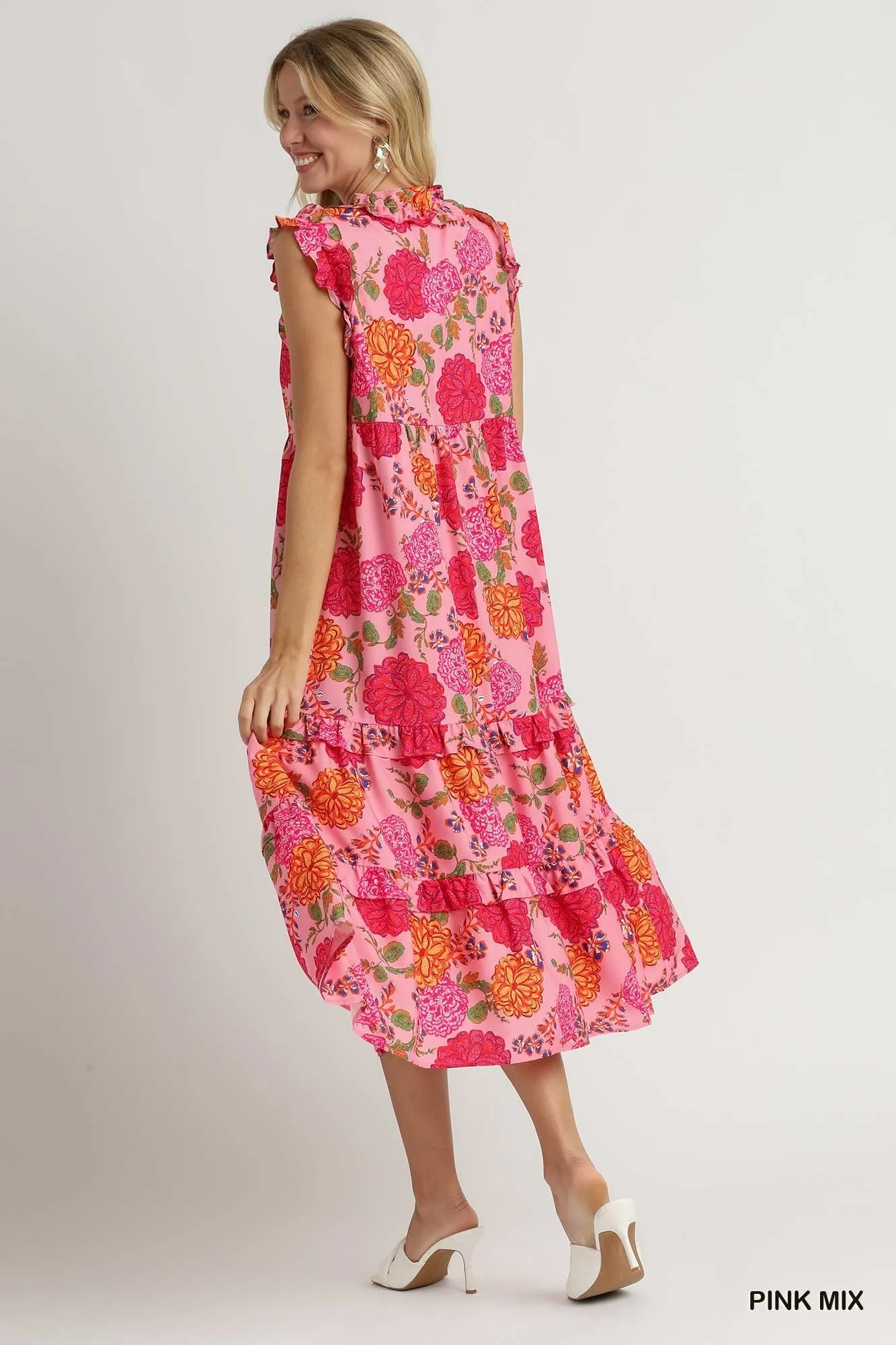 Floral Print Ruffle V-Neck Front Tie Tie