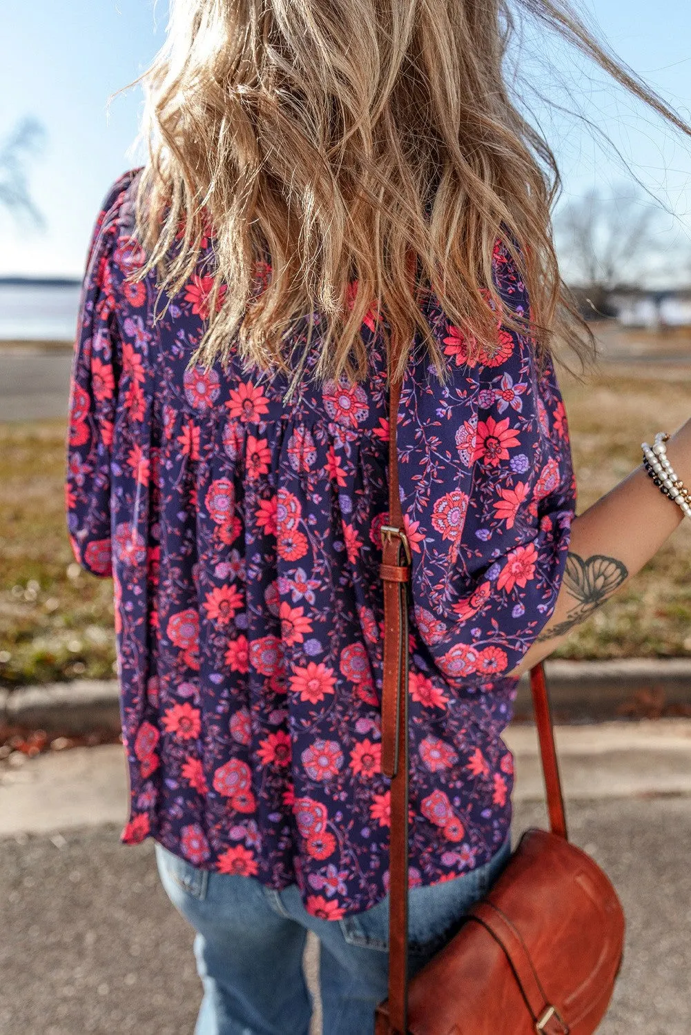 Floral Puff Half Sleeve Split Neck Blouse