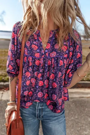 Floral Puff Half Sleeve Split Neck Blouse