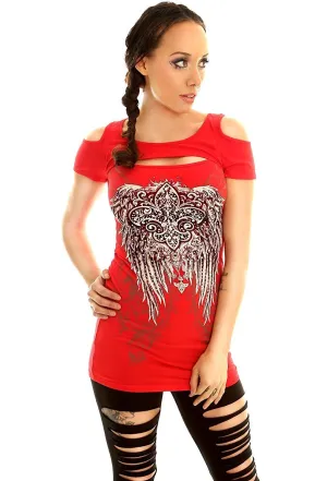 Folter Red Gothic T-shirt Cold Shoulder Cut Out Wings