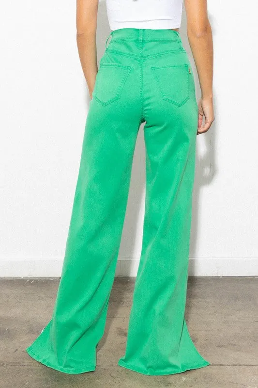 FRONT SLIT WIDE LEG TENCEL PANTS*