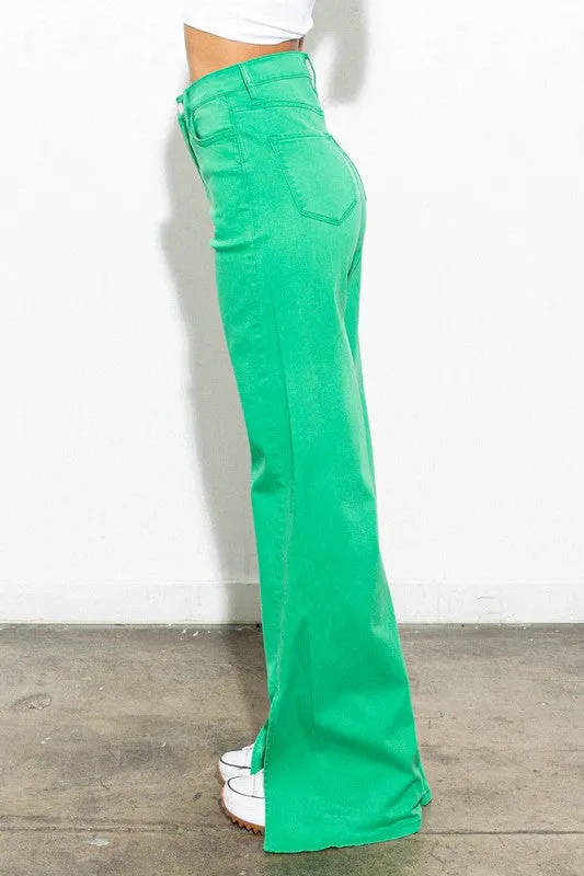FRONT SLIT WIDE LEG TENCEL PANTS*