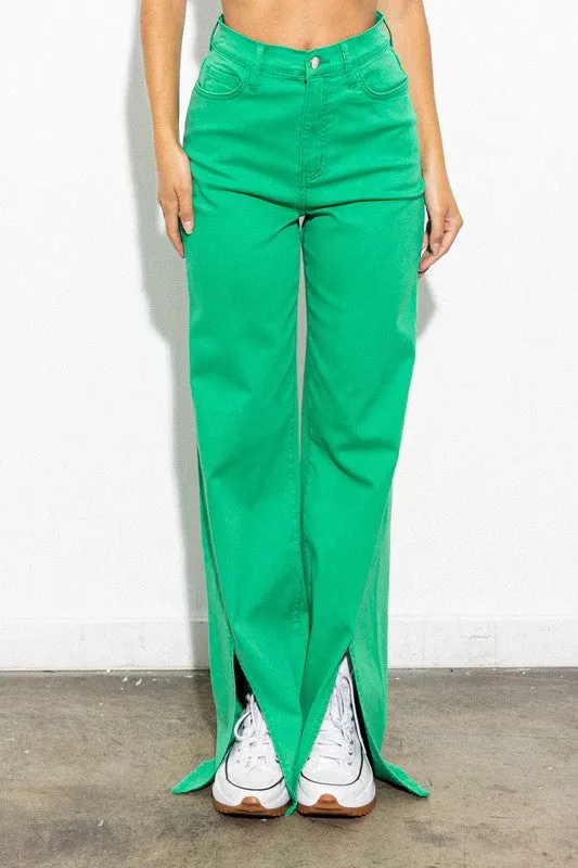 FRONT SLIT WIDE LEG TENCEL PANTS*