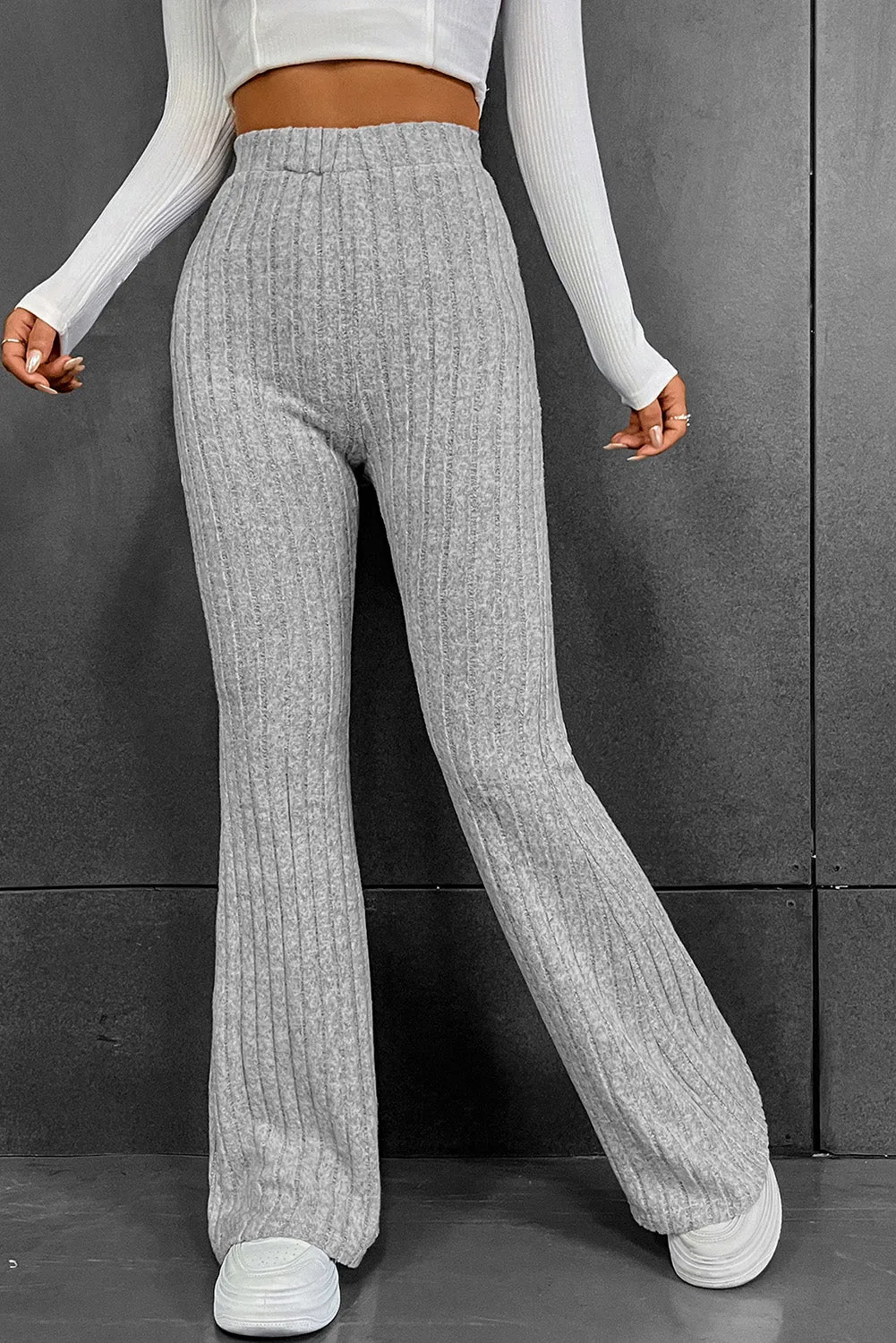 Gray Mid-Rise Ribbed Flare Leg Pants