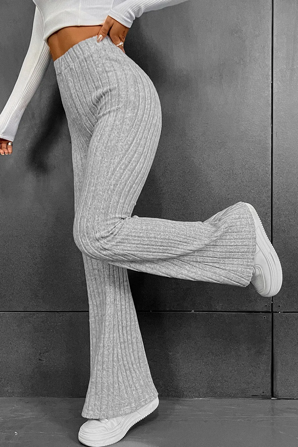 Gray Mid-Rise Ribbed Flare Leg Pants