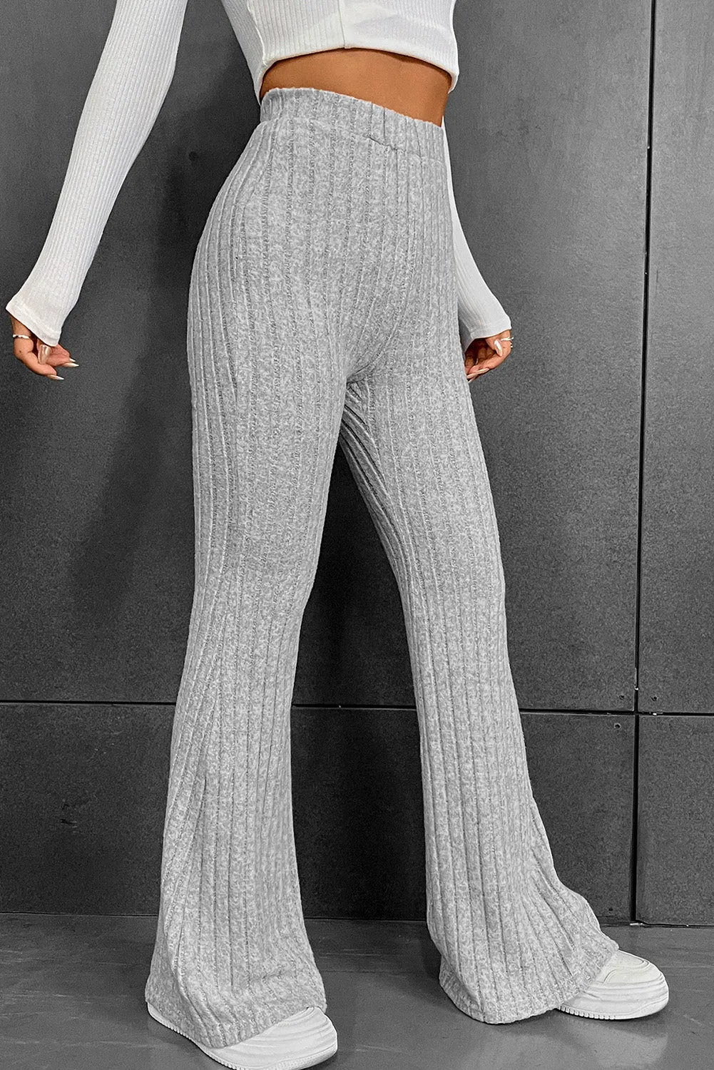 Gray Mid-Rise Ribbed Flare Leg Pants