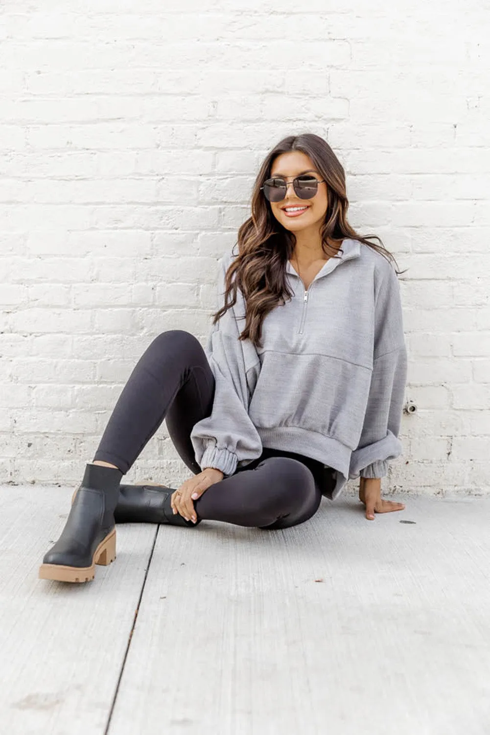 Gray Ultra Loose Dolman Sleeve Quarter Zip Sweatshirt