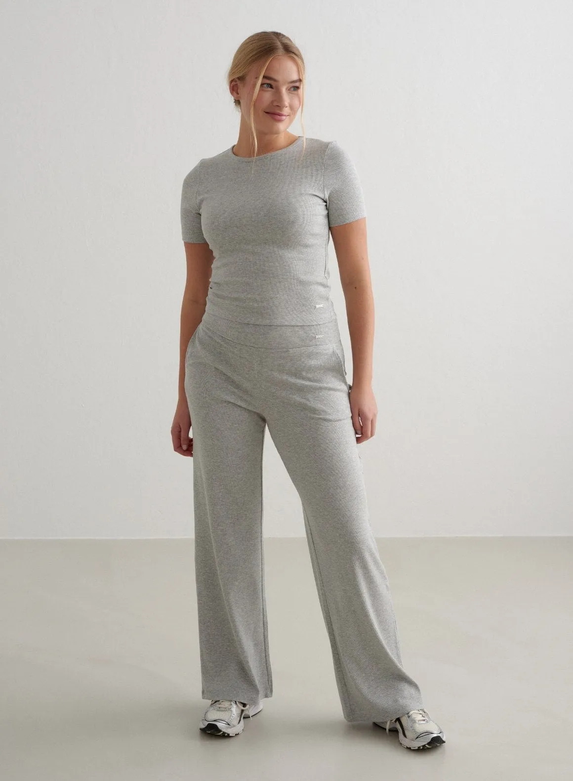 Grey Melange Ease Ribbed Wide Pants