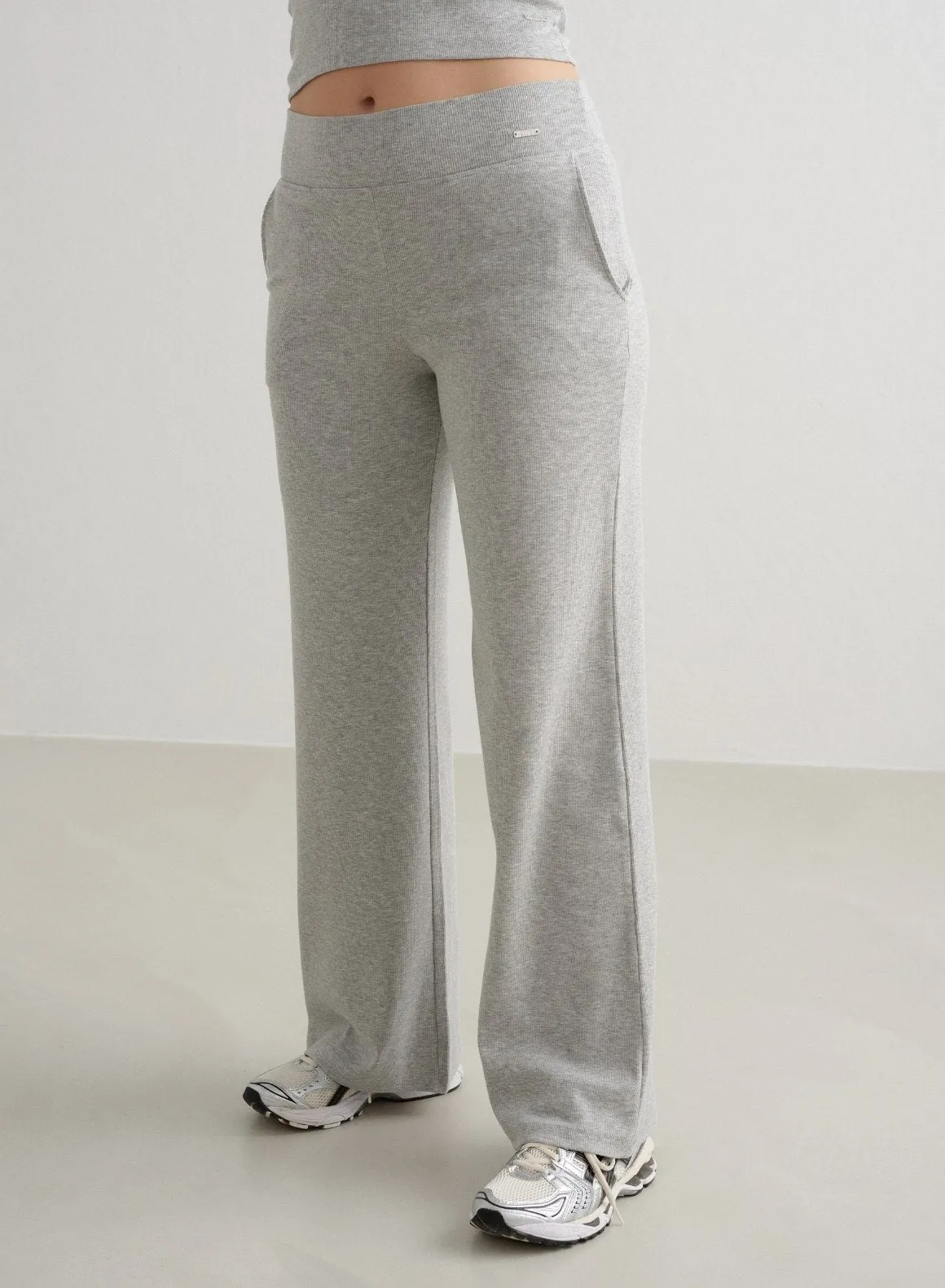 Grey Melange Ease Ribbed Wide Pants