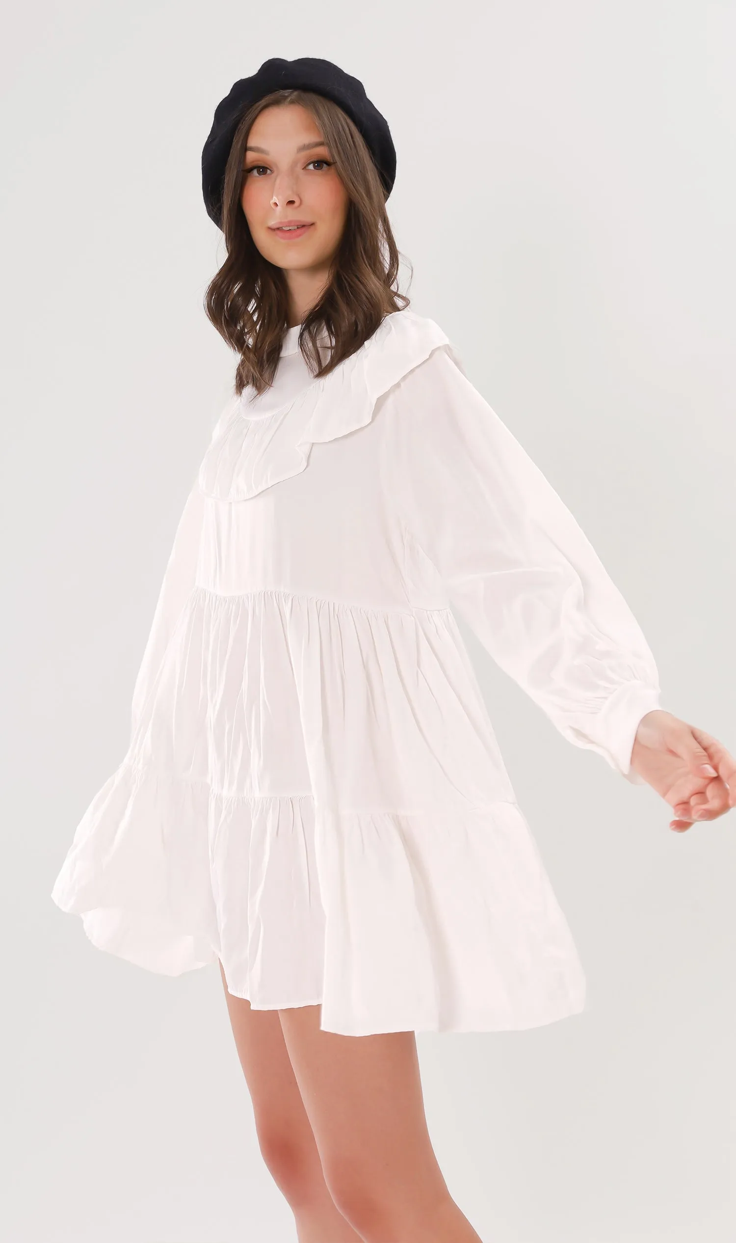 IMOGEN Bib-Collar Long-Sleeve Tiered Dress (White)