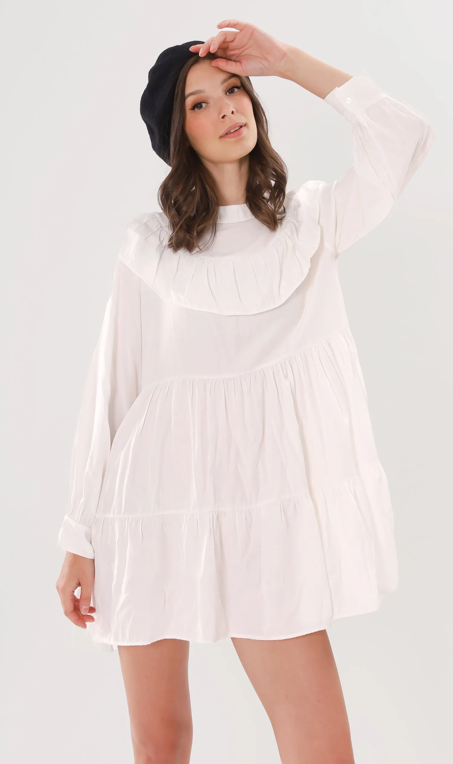 IMOGEN Bib-Collar Long-Sleeve Tiered Dress (White)