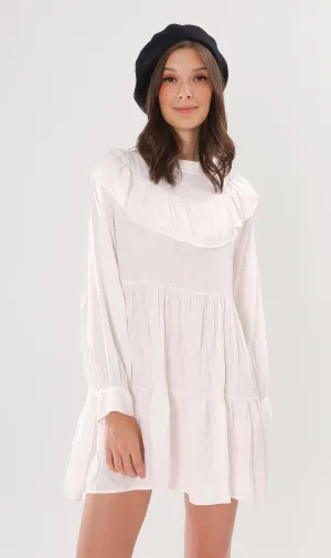 IMOGEN Bib-Collar Long-Sleeve Tiered Dress (White)