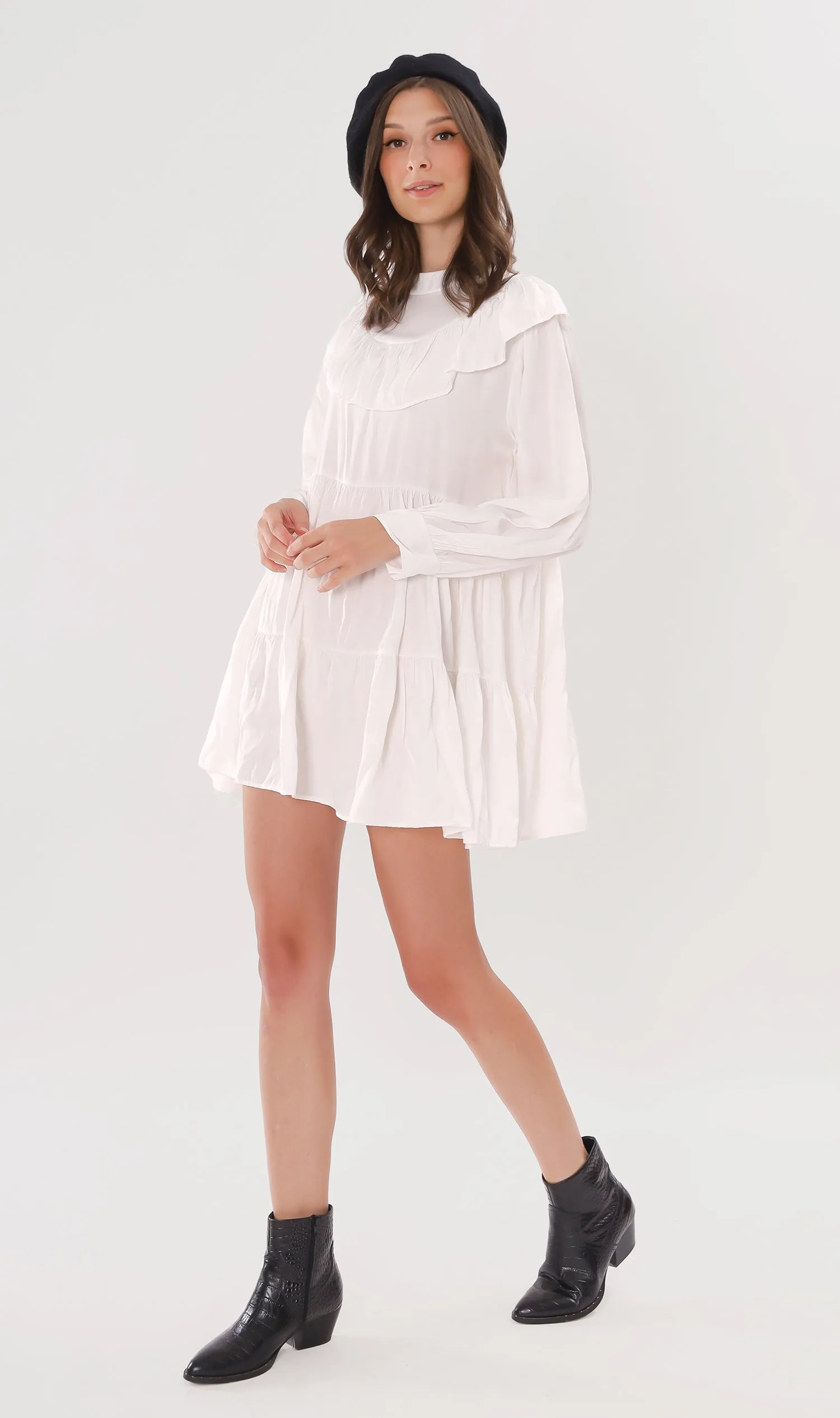 IMOGEN Bib-Collar Long-Sleeve Tiered Dress (White)