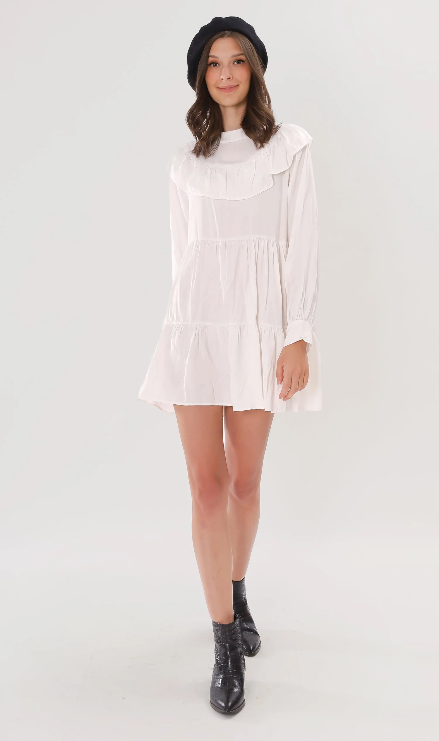 IMOGEN Bib-Collar Long-Sleeve Tiered Dress (White)