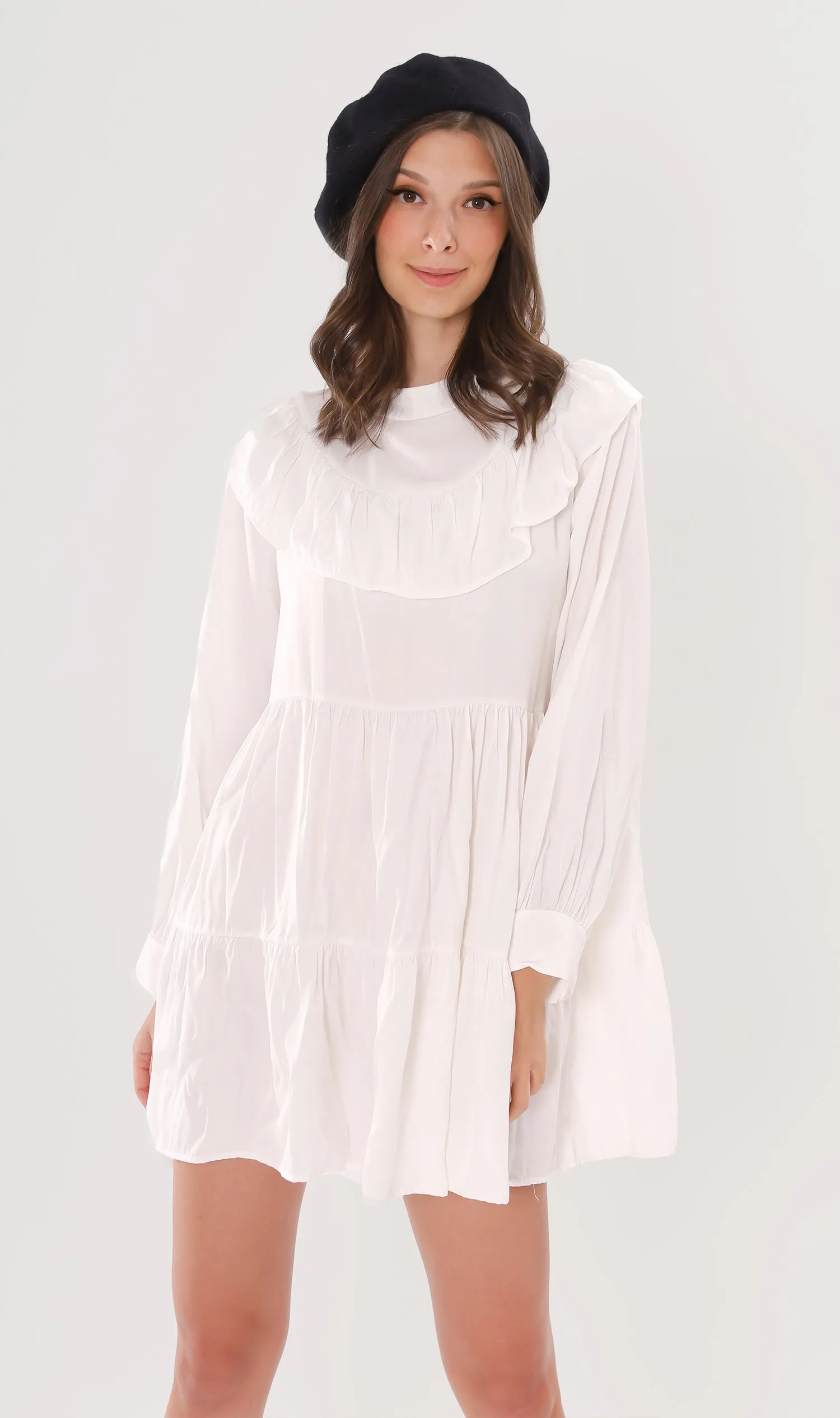 IMOGEN Bib-Collar Long-Sleeve Tiered Dress (White)