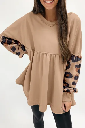 Khaki Leopard Splicing Sleeve Ruffle Loose Sweatshirt