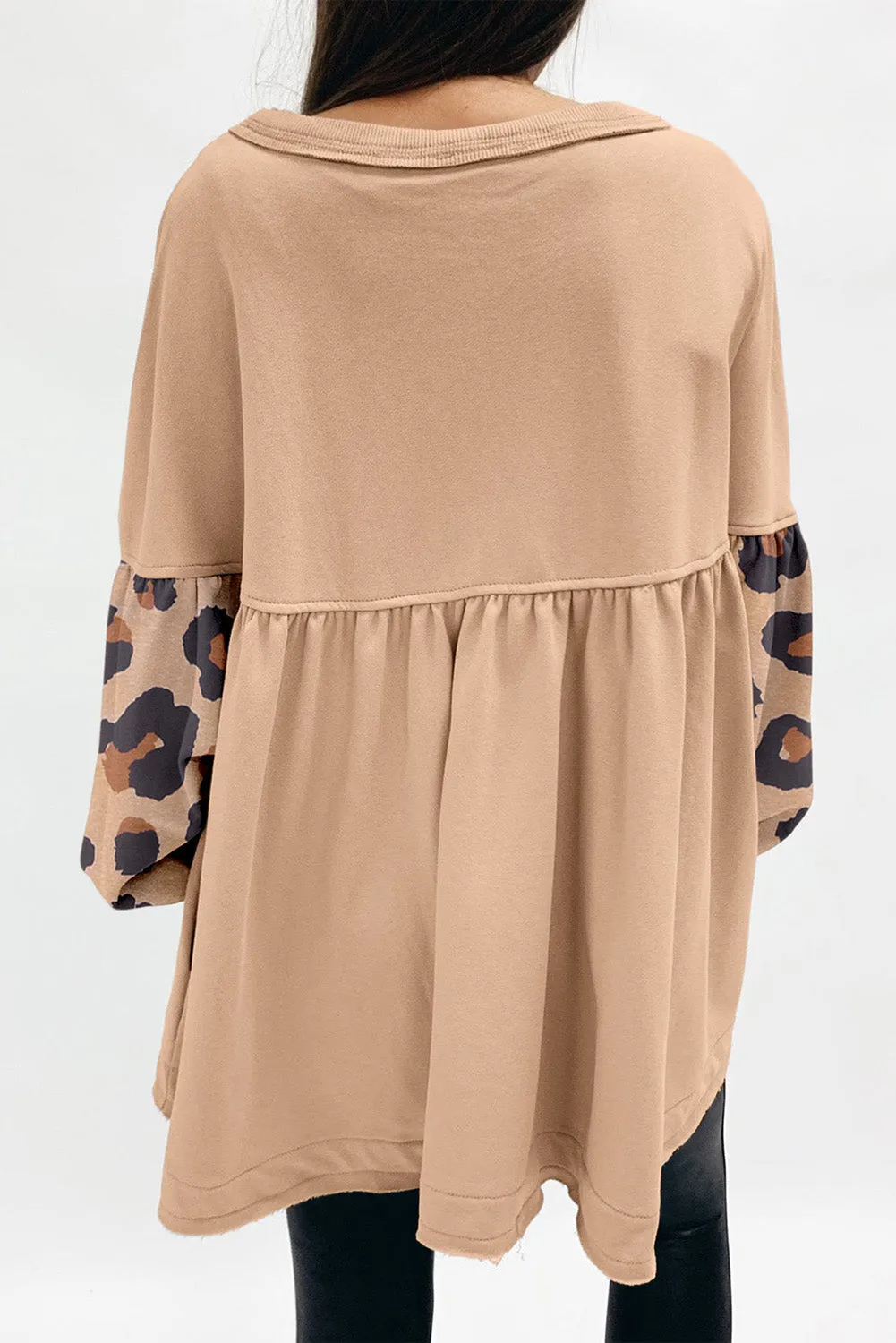 Khaki Leopard Splicing Sleeve Ruffle Loose Sweatshirt