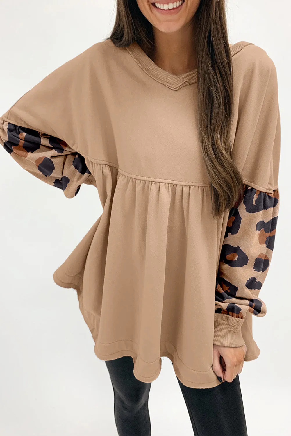 Khaki Leopard Splicing Sleeve Ruffle Loose Sweatshirt