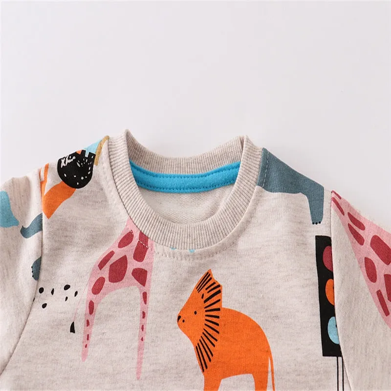 Kids Animals Print Long Sleeve Cotton Sweatshirts - Beige, Blue
